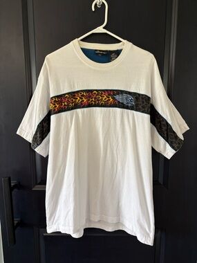 Rare Y2K White T Shirt Fire Flame Print  Large.